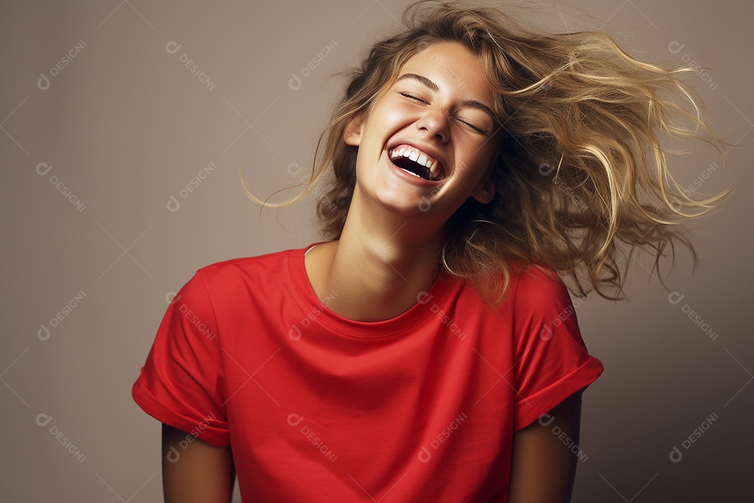 Mulher jovem sorridente vestindo camiseta vermelha