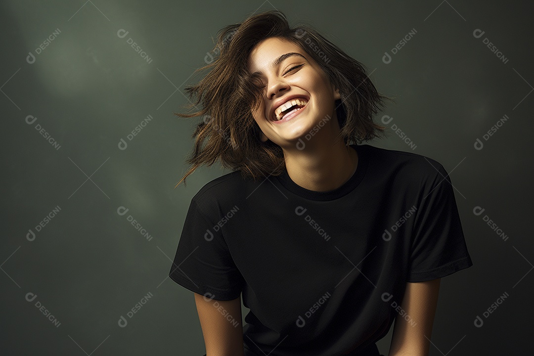 Mulher jovem sorridente vestindo camiseta preta