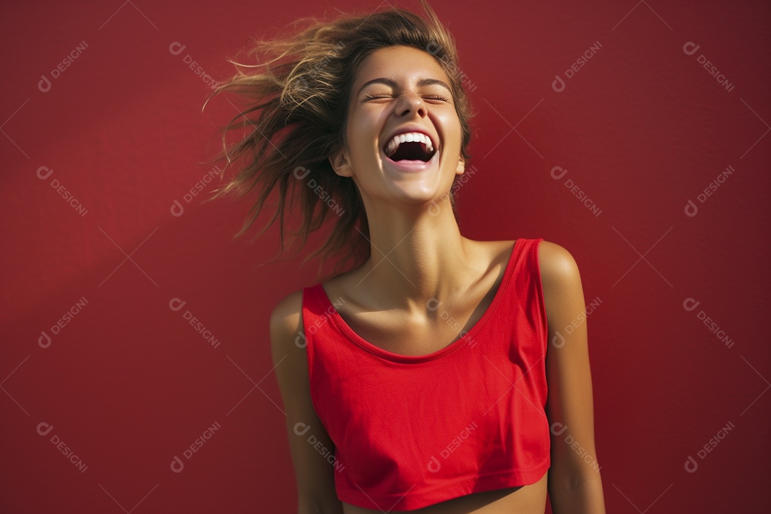 Mulher jovem sorridente vestindo camiseta vermelha