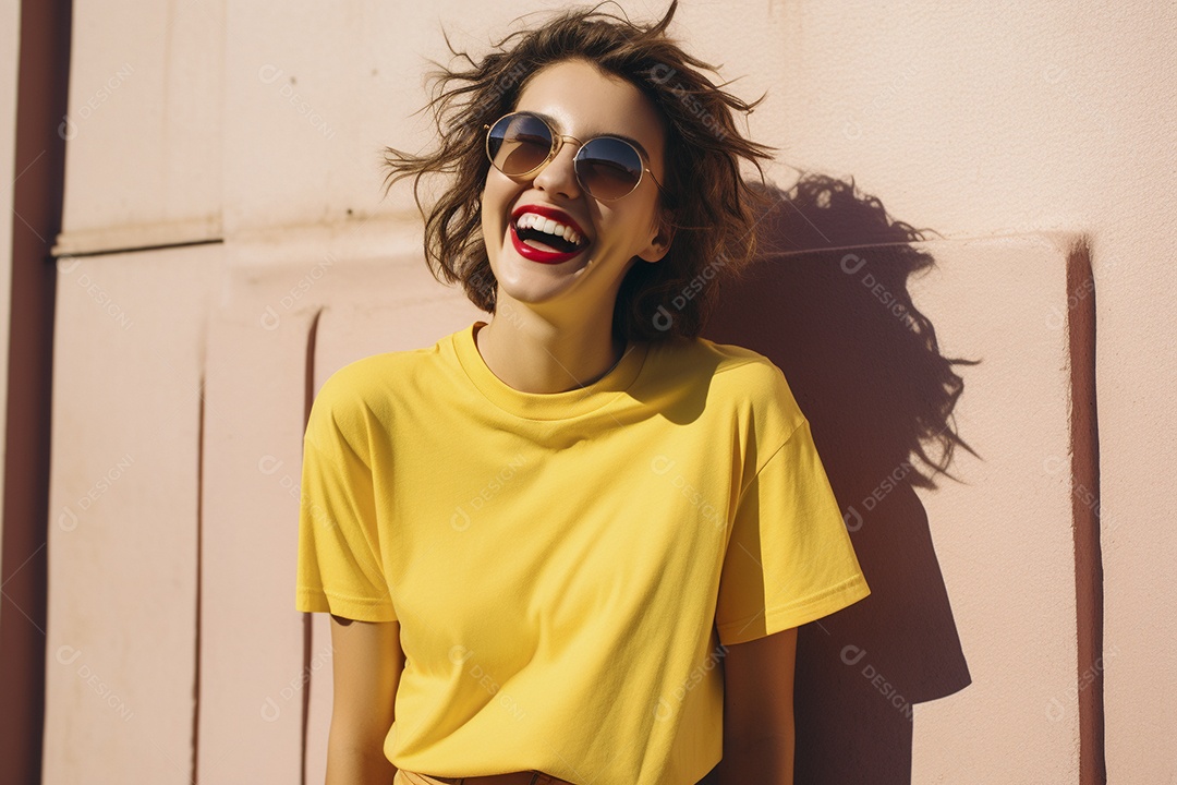 Mulher jovem sorridente vestindo camiseta amarela