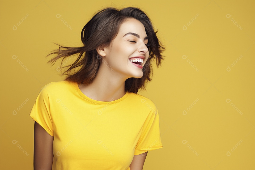 Mulher jovem sorridente vestindo camiseta preta