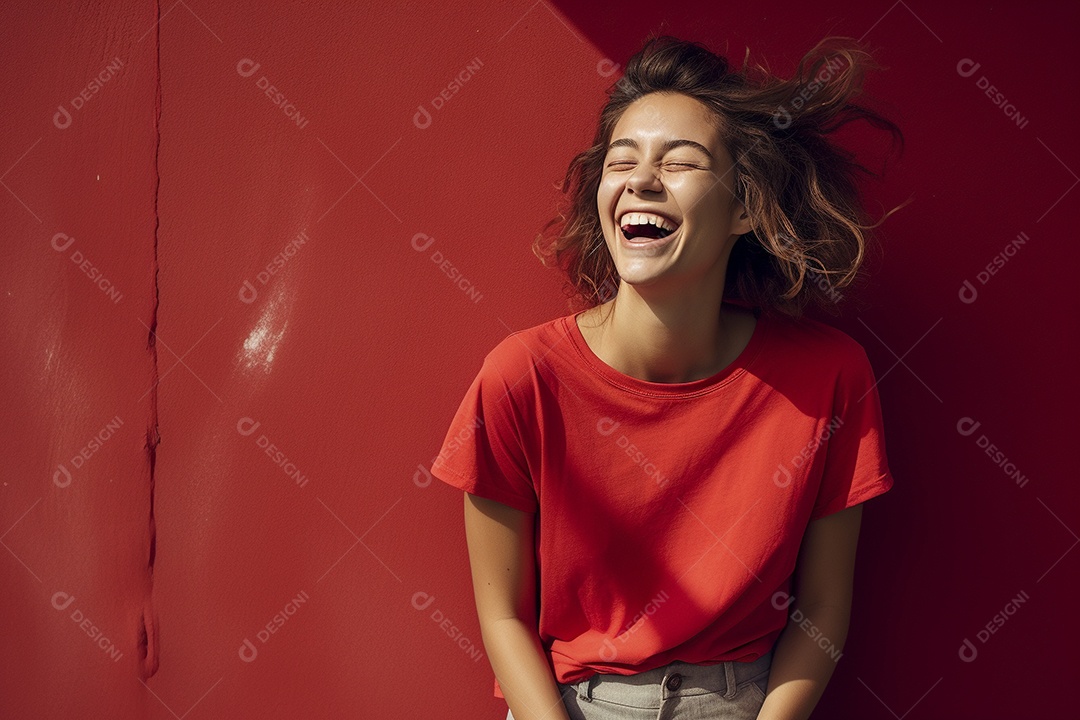 Mulher jovem sorridente vestindo camiseta vermelha