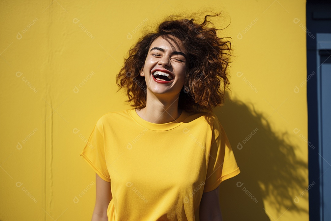 Mulher jovem sorridente vestindo camiseta amarela