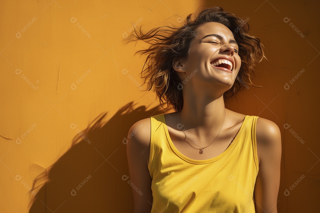 Mulher jovem sorridente vestindo camiseta amarela