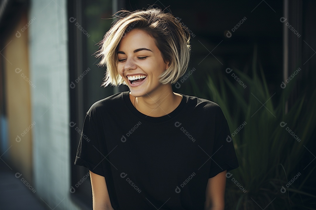 Mulher jovem sorridente vestindo camiseta preta