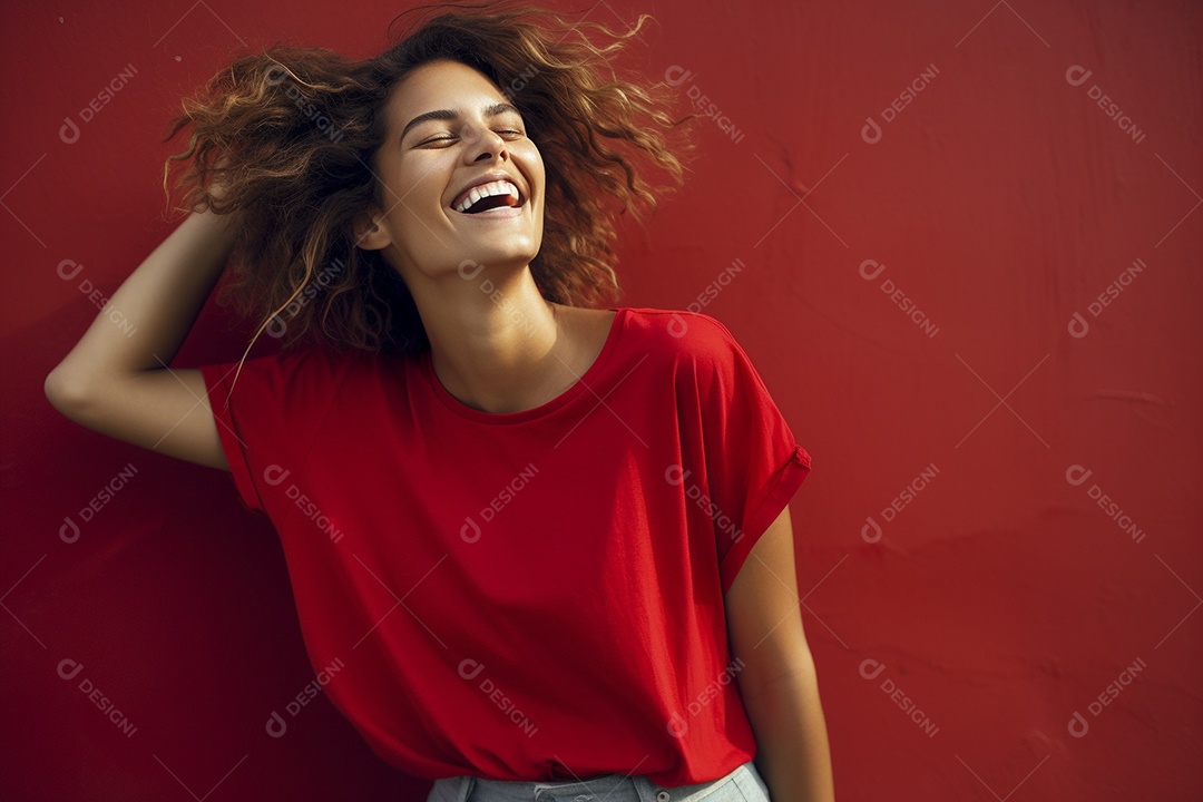 Mulher jovem sorridente vestindo camiseta vermelha