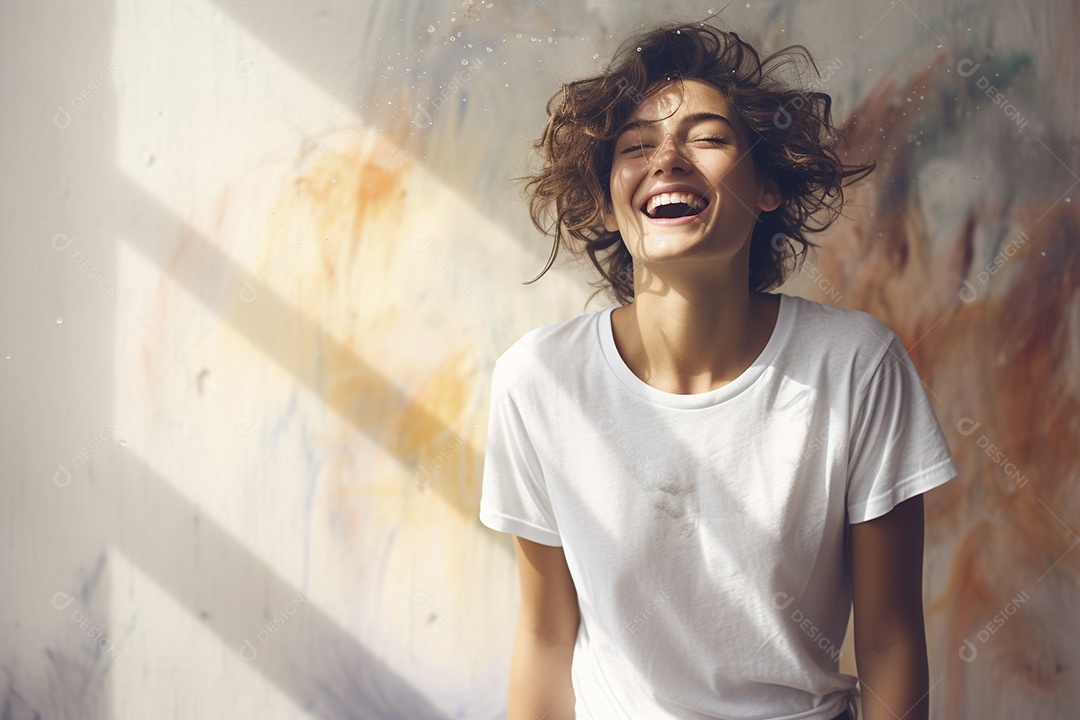 Mulher jovem sorridente vestindo camiseta branca