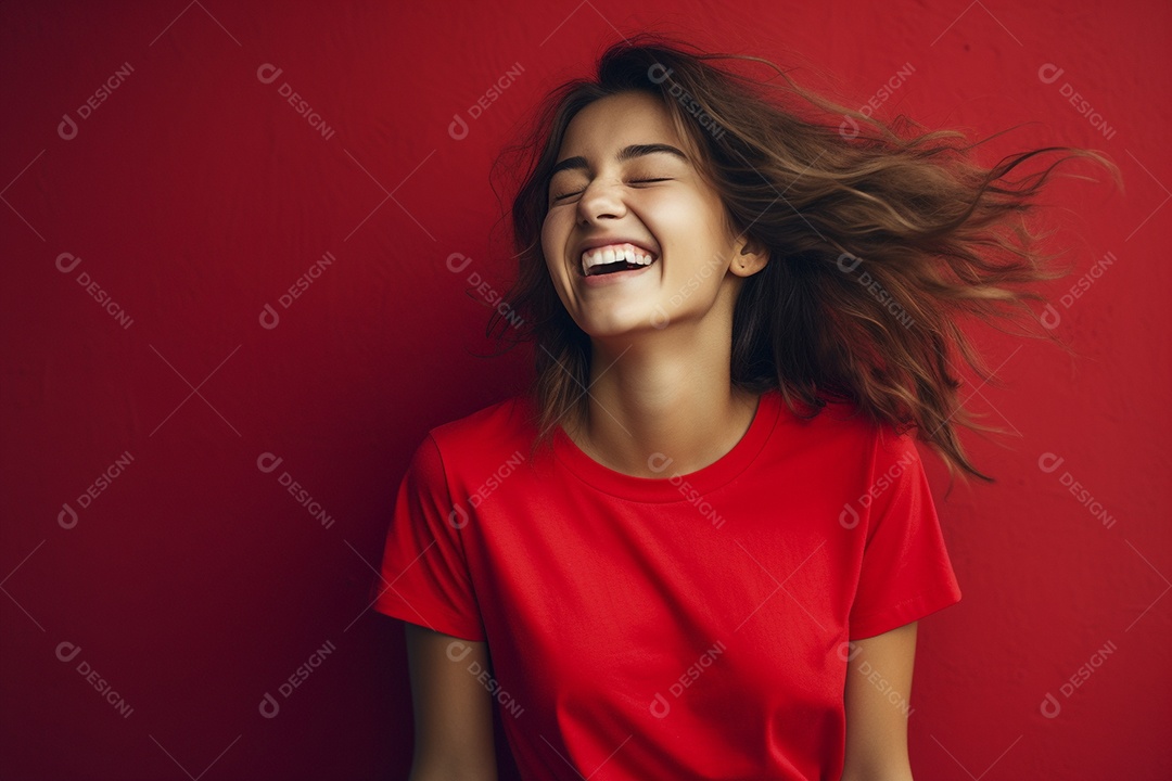Mulher jovem sorridente vestindo camiseta vermelha