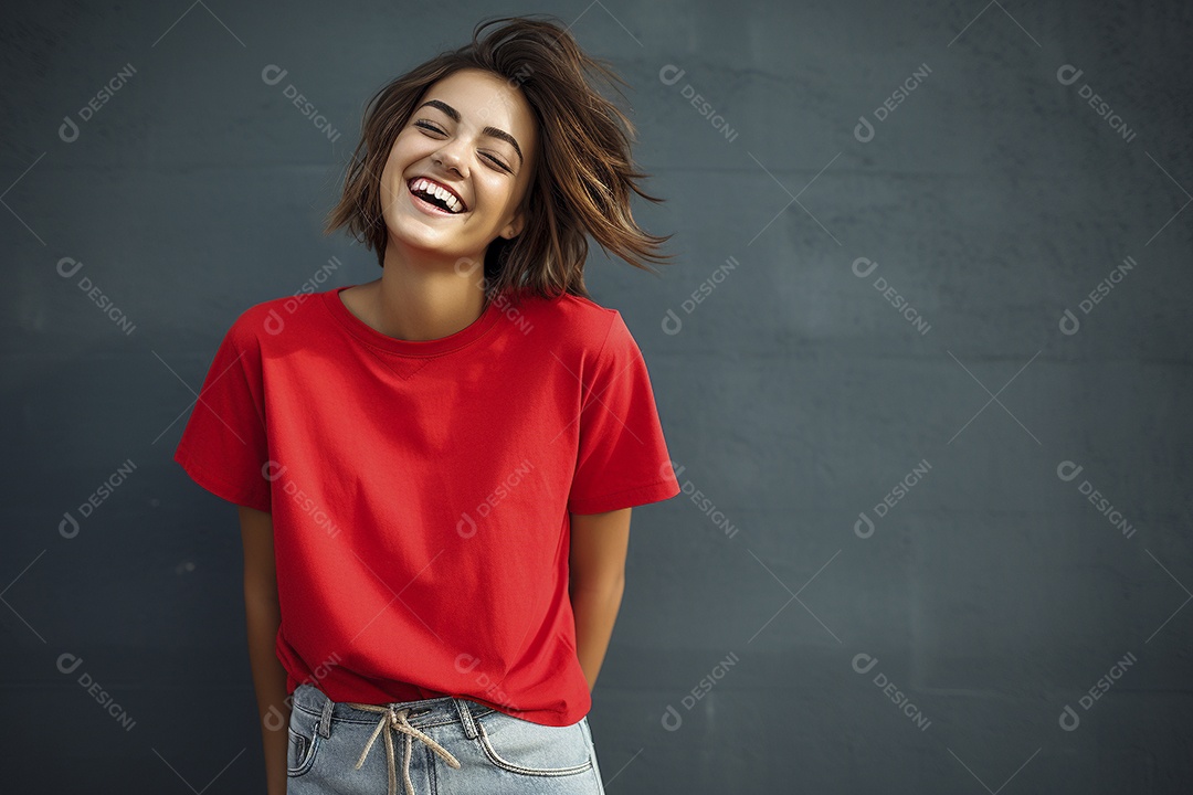 Mulher jovem sorridente vestindo camiseta vermelha