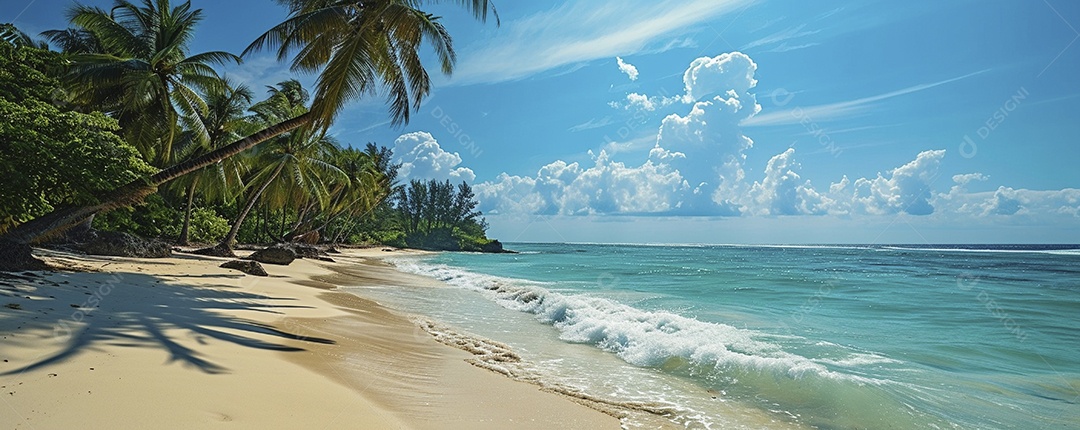 Uma praia com palmeiras e céu azul claro