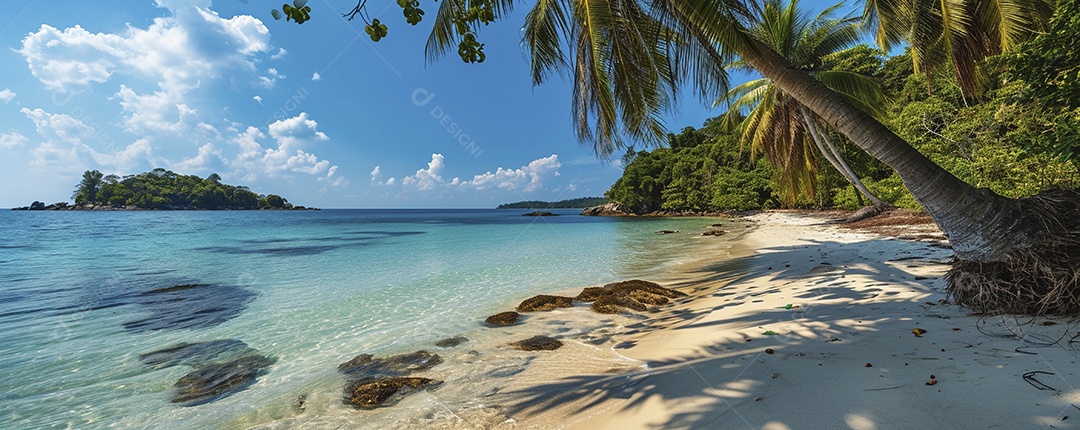 Uma praia com palmeiras e céu azul claro