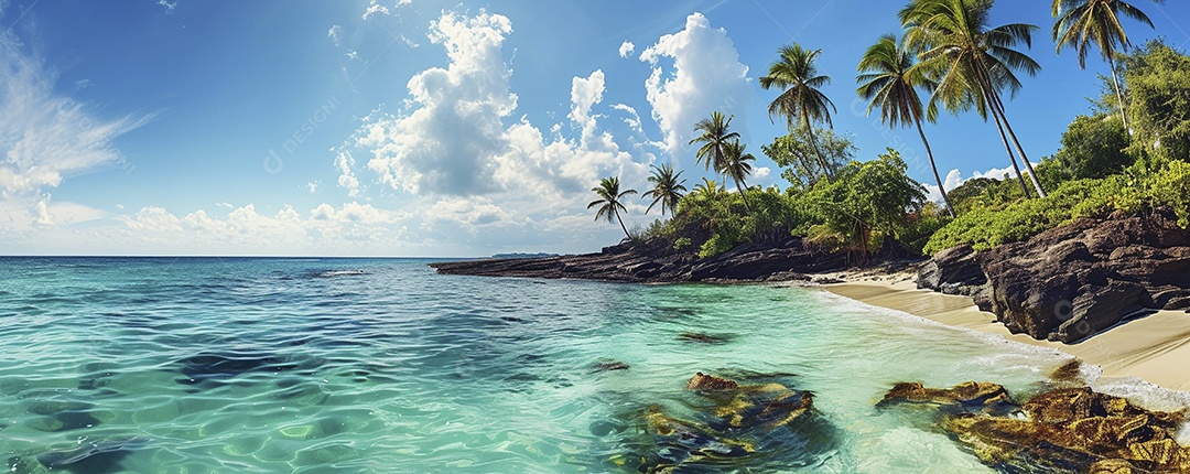 Uma praia com palmeiras e céu azul claro