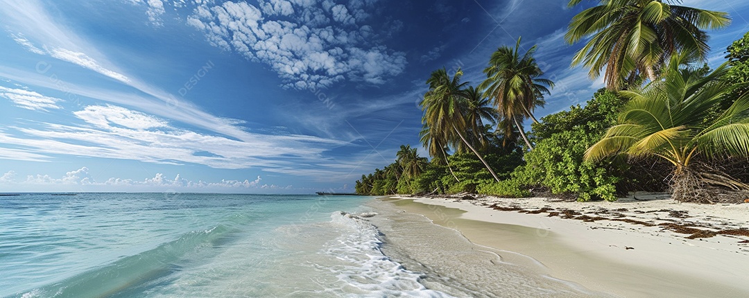 Uma praia com palmeiras e céu azul claro