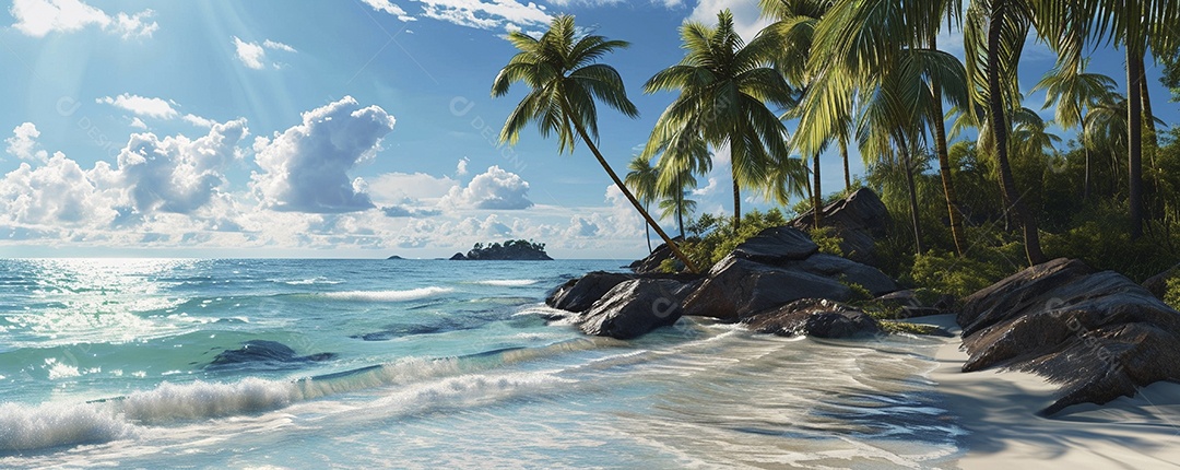 Uma praia com palmeiras e céu azul claro