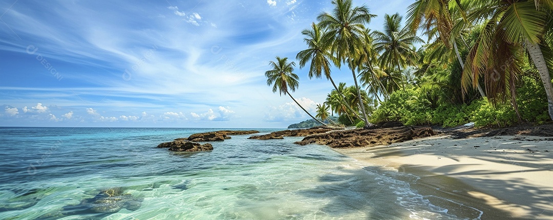 Uma praia com palmeiras e céu azul claro