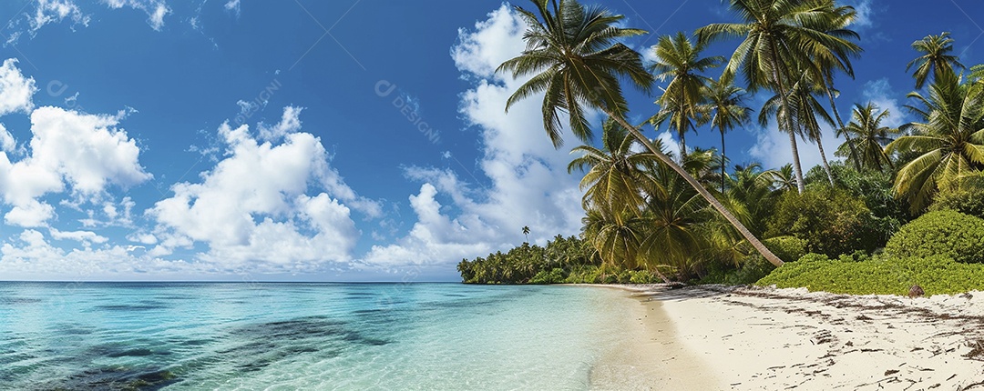Uma praia com palmeiras e céu azul claro
