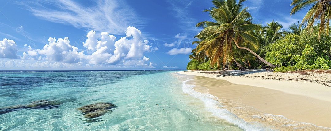 Uma praia com palmeiras e céu azul claro