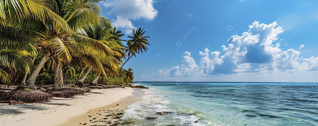 Uma praia com palmeiras e céu azul claro