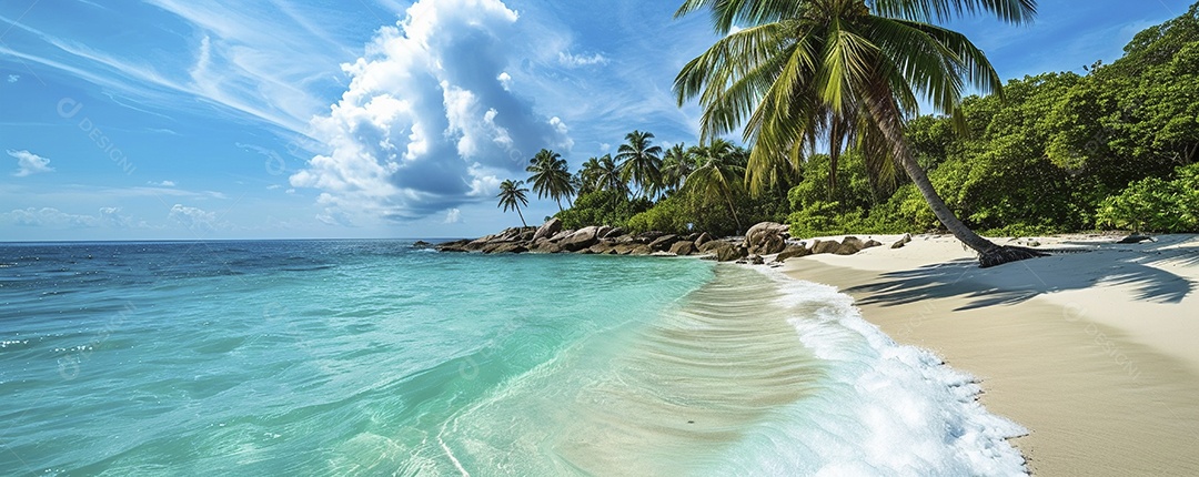 Uma praia com palmeiras e céu azul claro