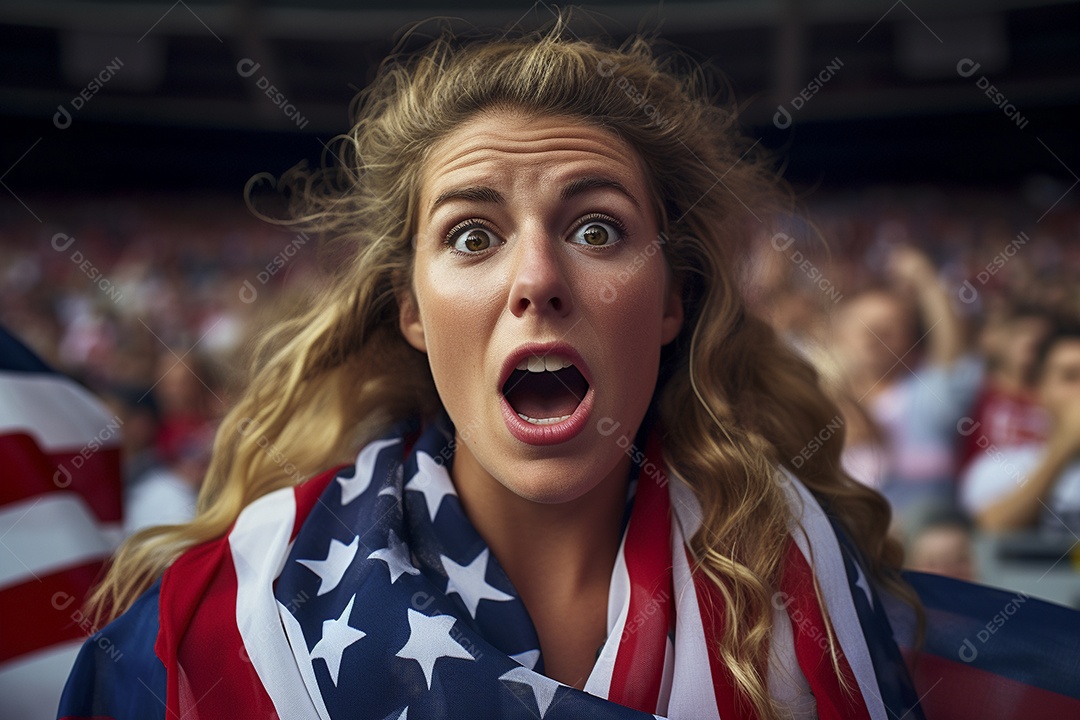 Visão aproximada fãs de futebol americanas surpresas com cores de bandeira