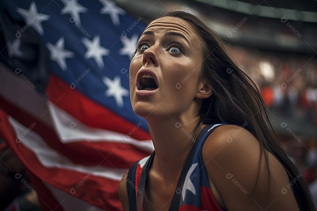 Visão aproximada fãs de futebol americanas surpresas com cores de bandeira