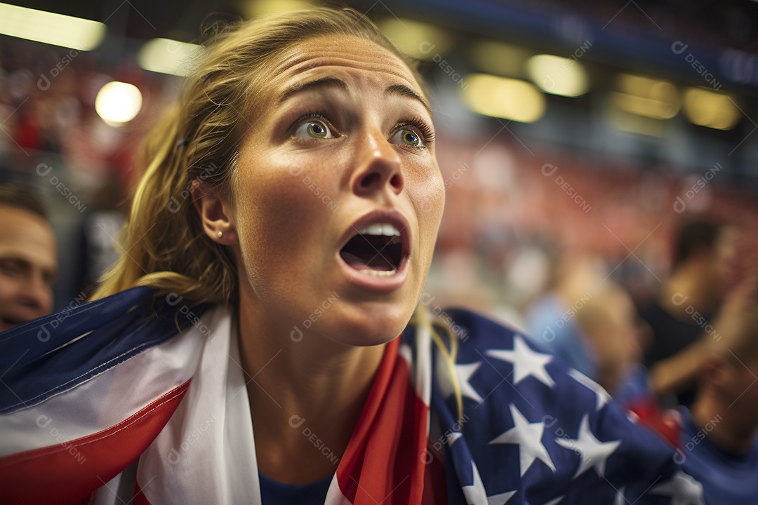 Visão aproximada fãs de futebol americanas surpresas com cores de bandeira