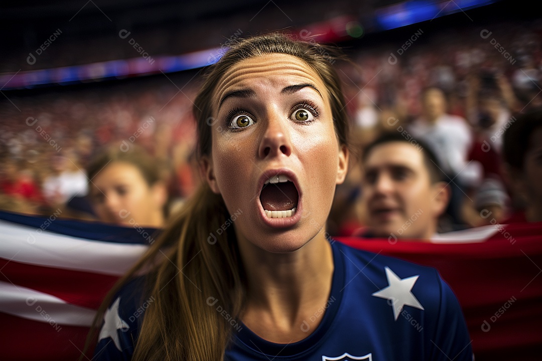 Visão aproximada fãs de futebol americanas surpresas com cores de bandeira