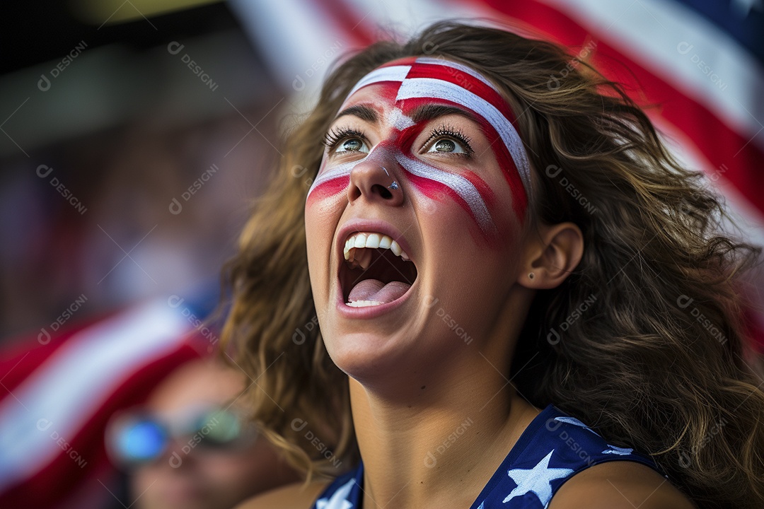 Visão aproximada fãs de futebol americanas surpresas com cores de bandeira
