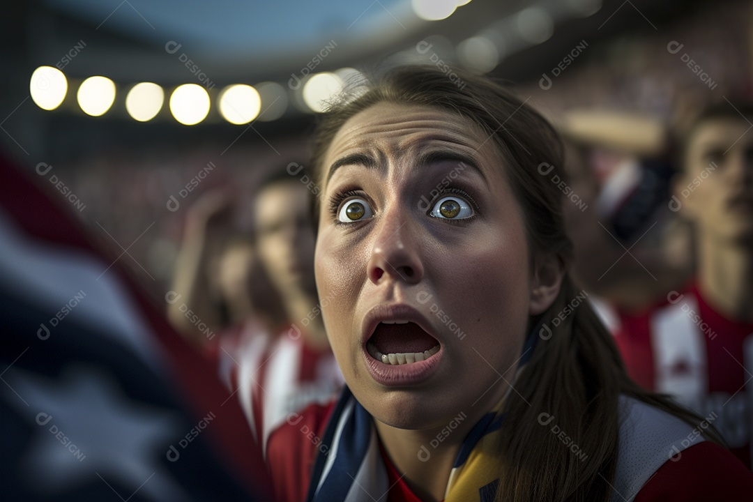 Visão aproximada fãs de futebol americanas surpresas com cores de bandeira
