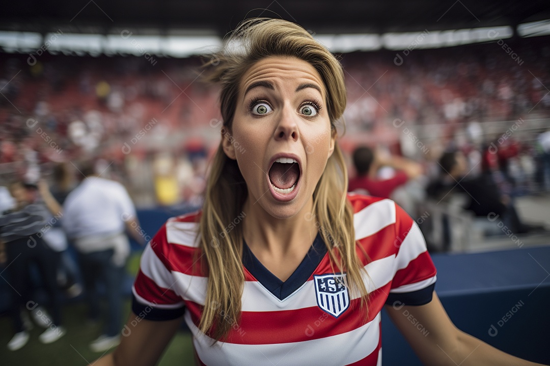 Visão aproximada fãs de futebol americanas surpresas com cores de bandeira