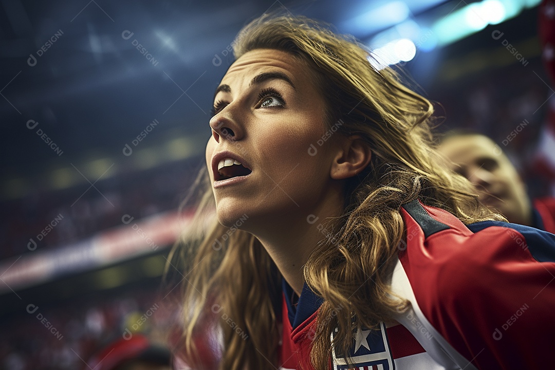 Visão aproximada fãs de futebol americanas surpresas com cores de bandeira