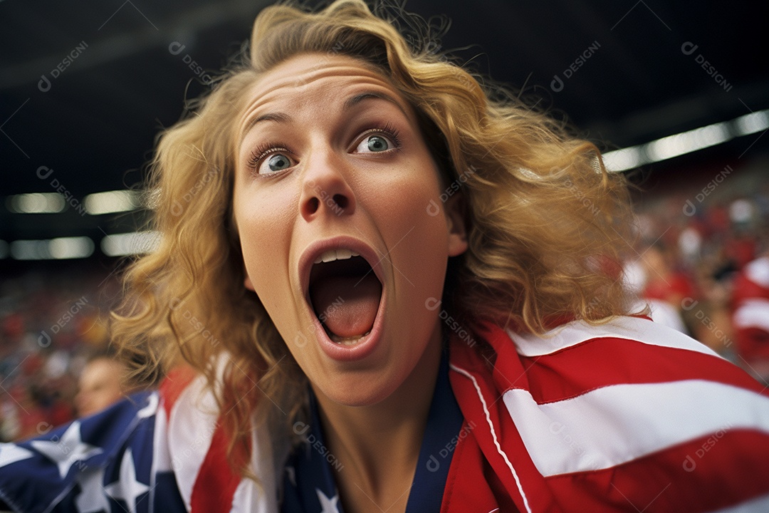 Visão aproximada fãs de futebol americanas surpresas com cores de bandeira