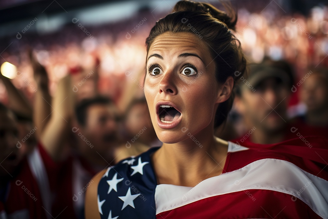 Visão aproximada fãs de futebol americanas surpresas com cores de bandeira