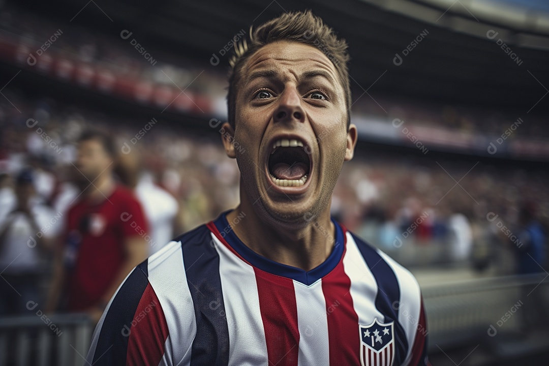 Visão aproximada Surpreendeu fãs de futebol americano masculino com cores de bandeira