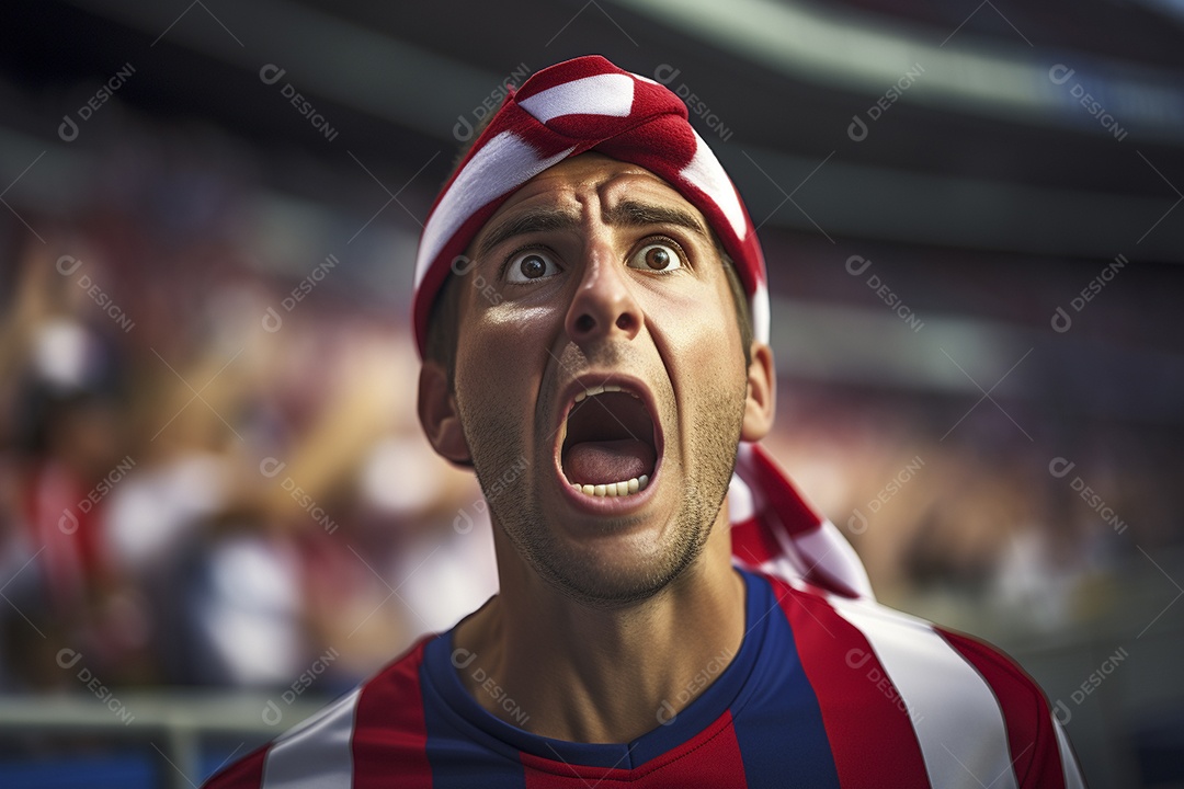 Visão aproximada Surpreendeu fãs de futebol americano masculino com cores de bandeira