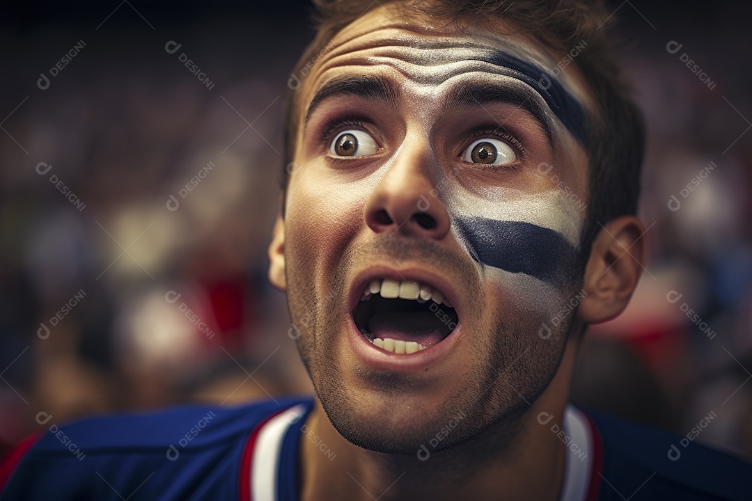 Visão aproximada Surpreendeu fãs de futebol americano masculino com cores de bandeira