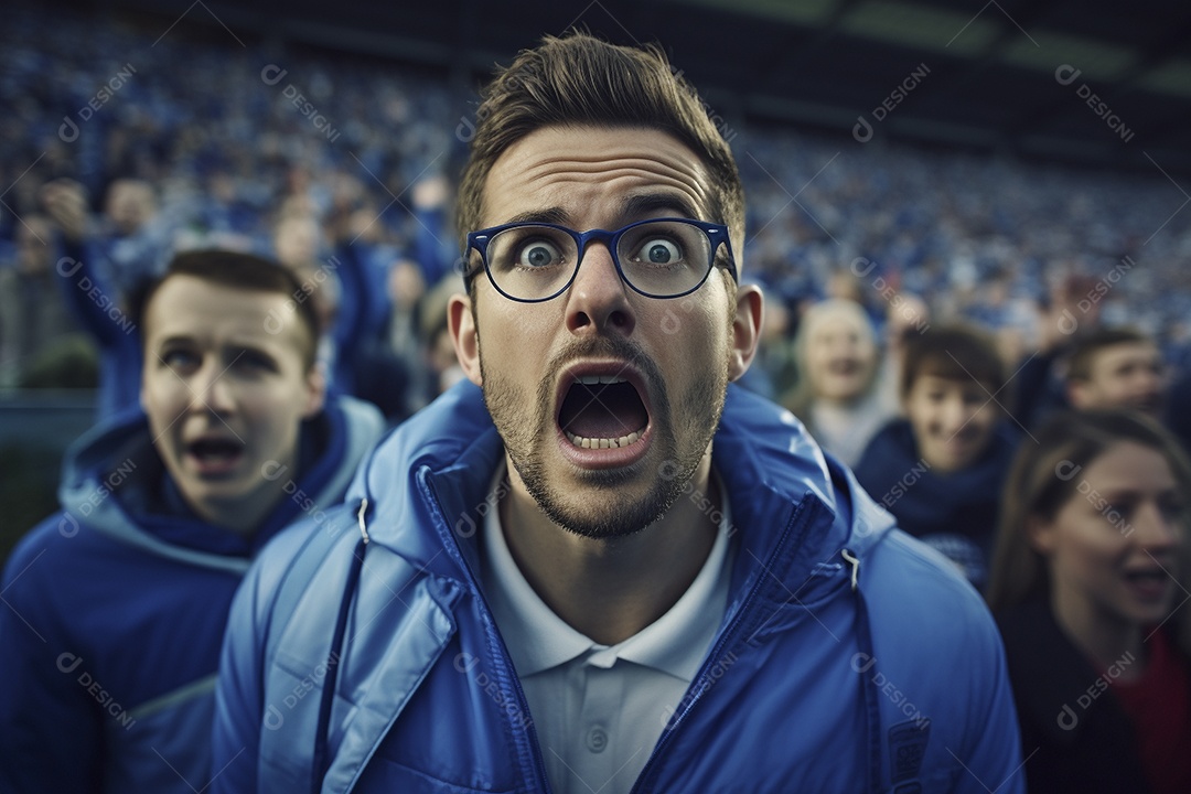 Vista aproximada, fãs de futebol masculinos surpresos com cores azuis