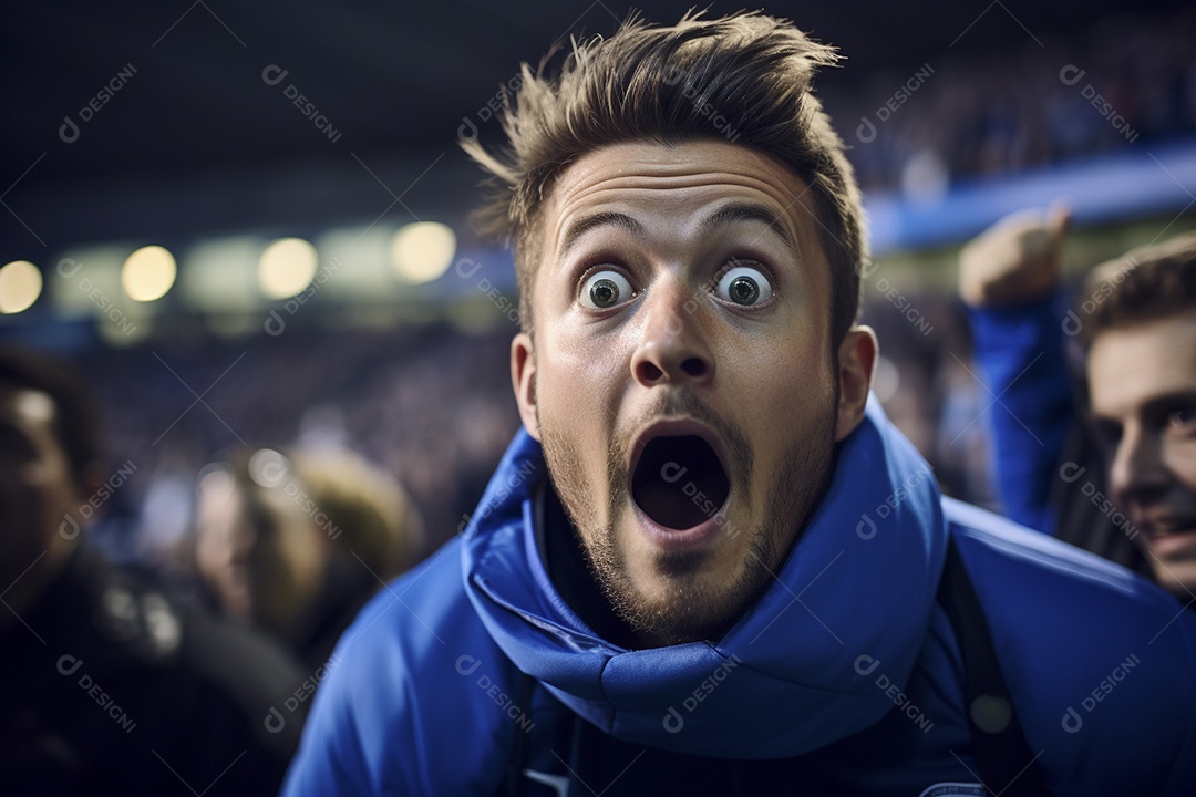 Vista aproximada, fãs de futebol masculinos surpresos com cores azuis