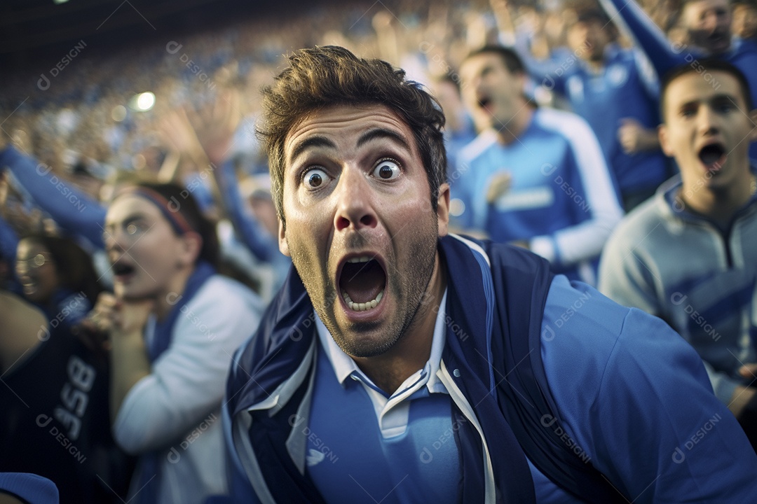 Vista aproximada, fãs de futebol masculinos surpresos com cores azuis