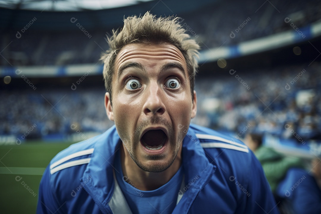 Vista aproximada, fãs de futebol masculinos surpresos com cores azuis