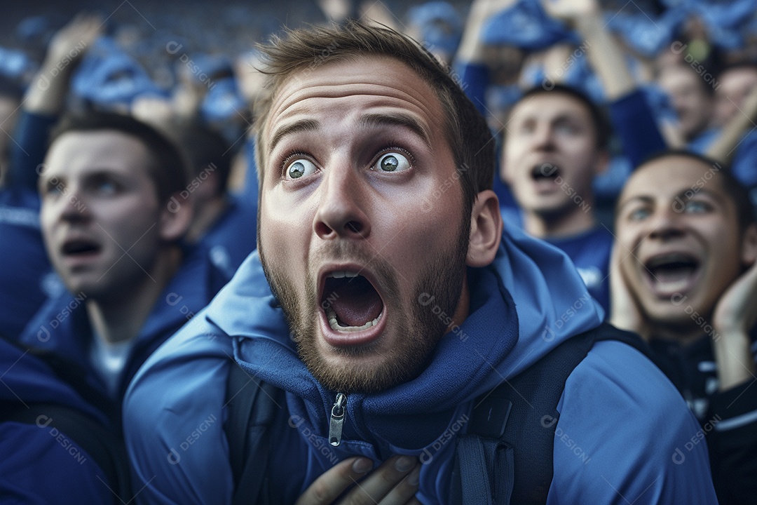 Vista aproximada, fãs de futebol masculinos surpresos com cores azuis