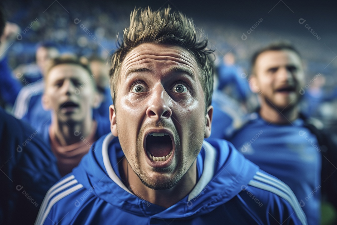 Vista aproximada, fãs de futebol masculinos surpresos com cores azuis