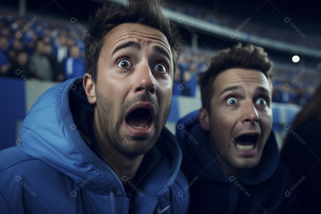 Vista aproximada, fãs de futebol masculinos surpresos com cores azuis