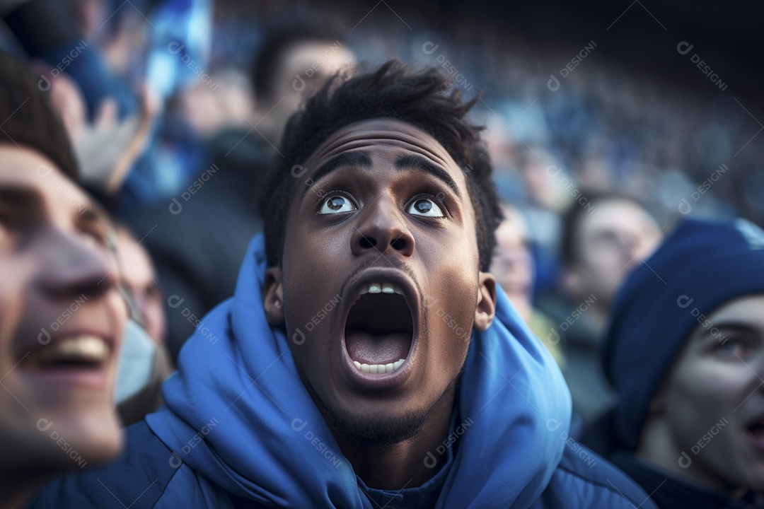 Vista aproximada, fãs de futebol masculinos surpresos com cores azuis