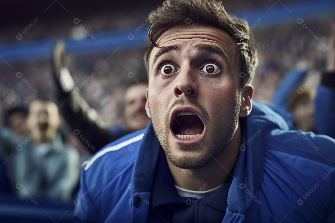 Vista aproximada, fãs de futebol masculinos surpresos com cores azuis