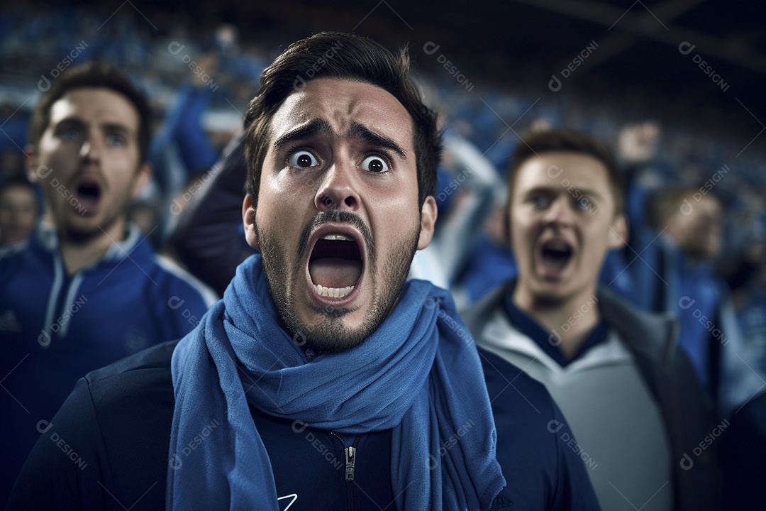 Vista aproximada, fãs de futebol masculinos surpresos com cores azuis