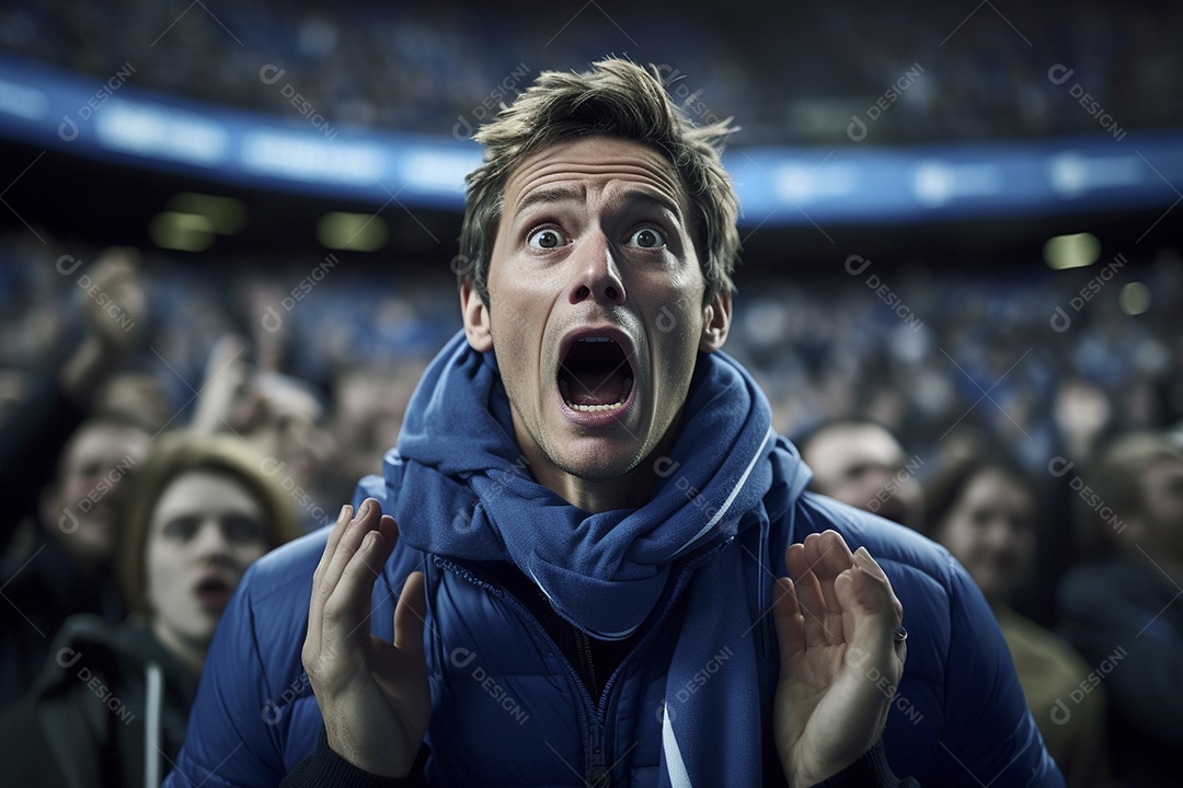 Vista aproximada, fãs de futebol masculinos surpresos com cores azuis