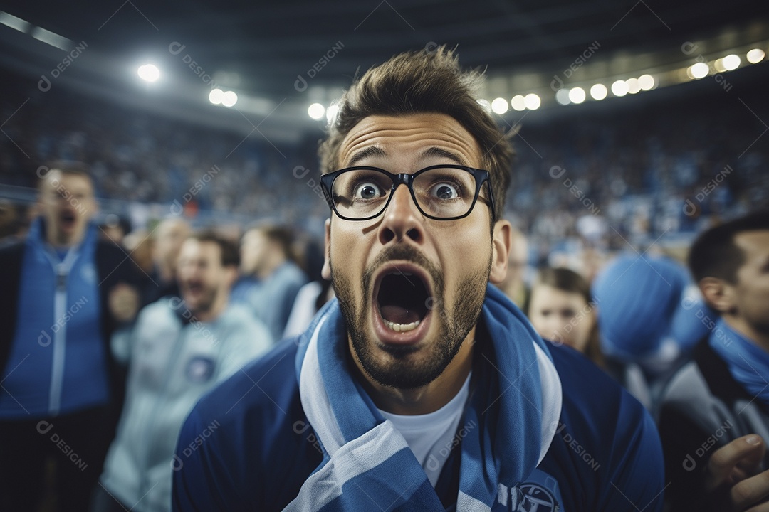 Vista aproximada, fãs de futebol masculinos surpresos com cores azuis