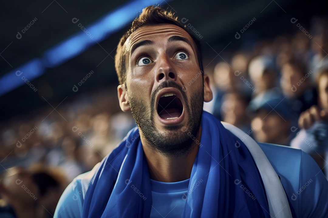 Vista aproximada, fãs de futebol masculinos surpresos com cores azuis