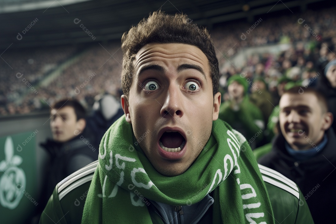 Vista aproximada, fãs de futebol masculinos surpresos com cores verdes